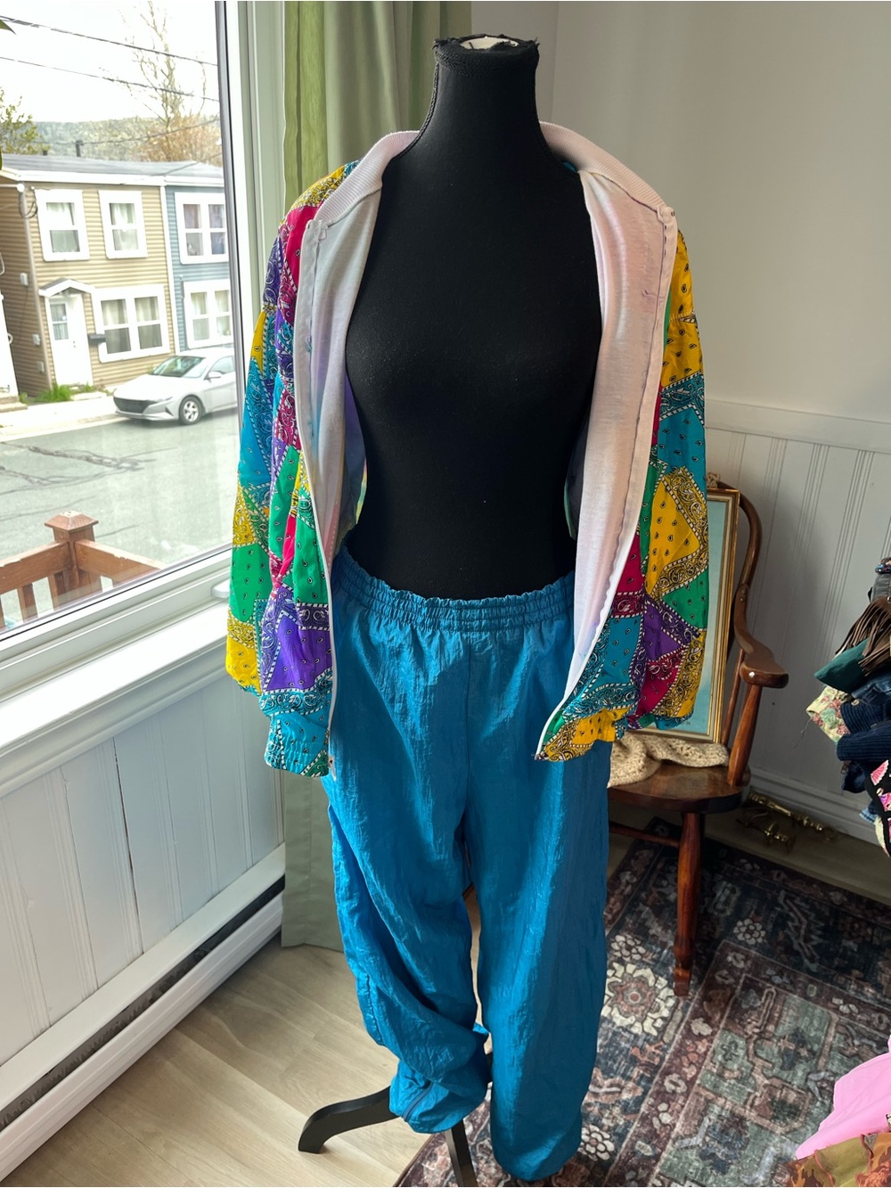 Vintage Multicolor Patchwork Windbreaker with Bright Teal Track Pants tracksuit